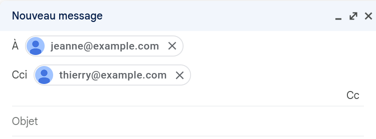 message contenant un email en destinataire et un email en copie caché CCI